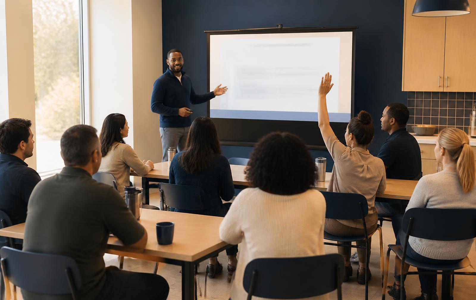 Employees in a group benefits session, one raising a hand to ask a question