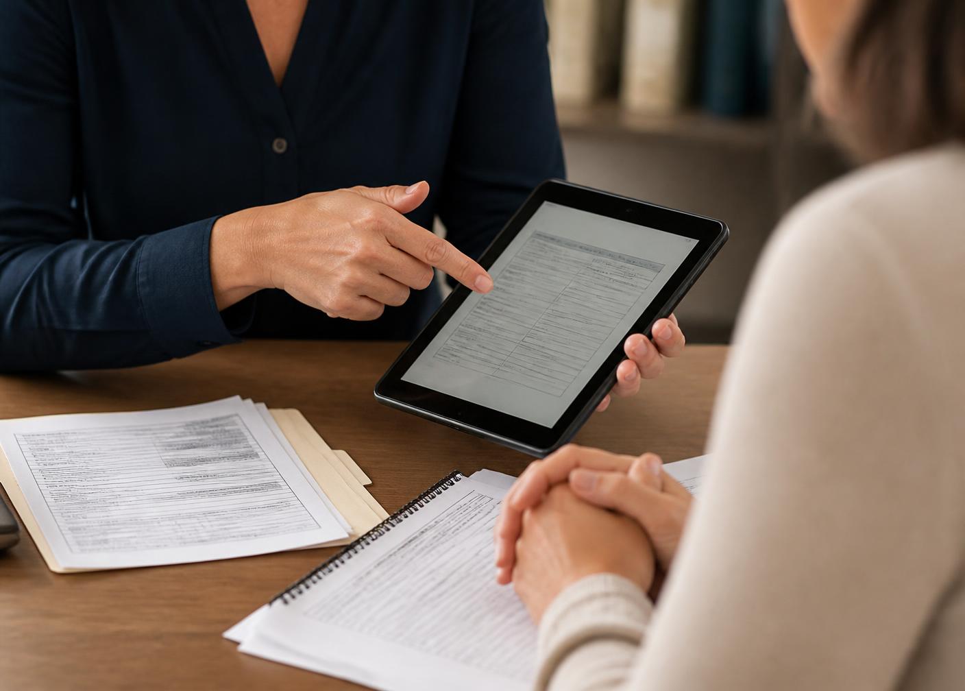 A counselor pointing at an enrollment form on a tablet during a private one-on-one meeting